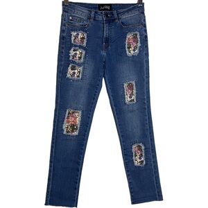 Joseph Ribkoff Mid Rise Skinny Stretch Jeans Floral Patch Black Rhinestones 2